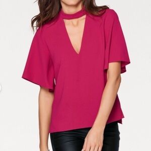Zara Fuschia Pink Choker V-Neck Short Sleeved Blouse